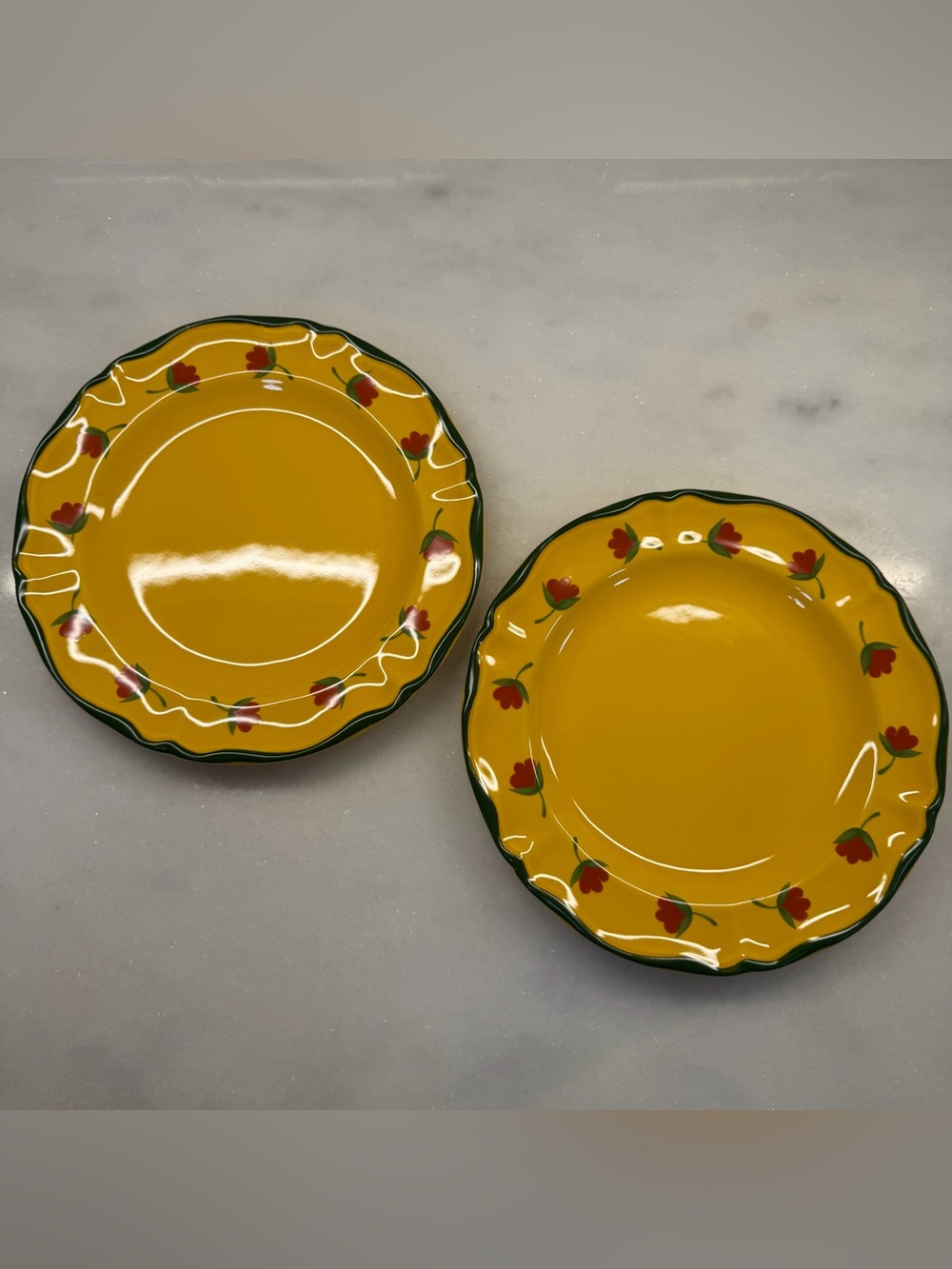 Vintage French Ceramic Plates Set of 2 Yellow Red Floral Green Scalloped Rim 8”